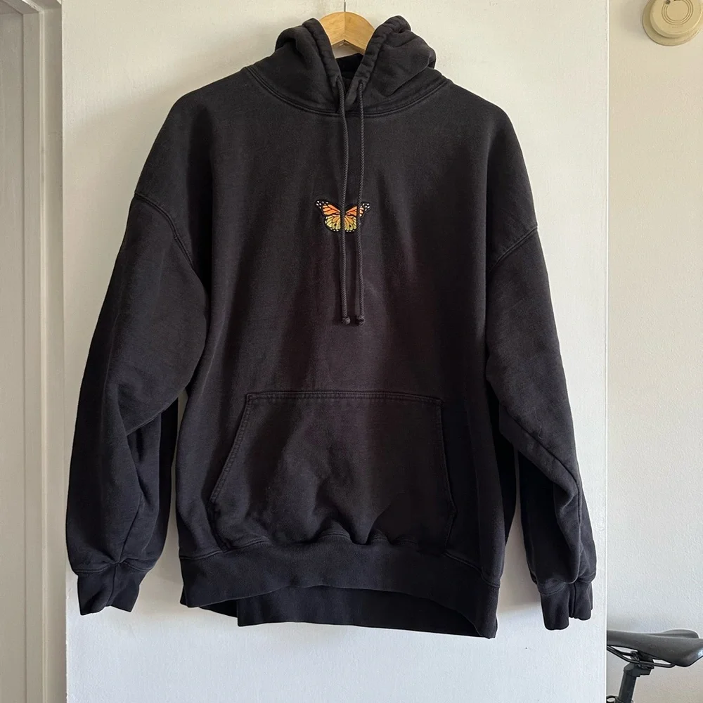 Brandy Melville Black Cotton Butterfly Hoodie Classic Neutral Sweatshirt size S - Picture 5 of 9
